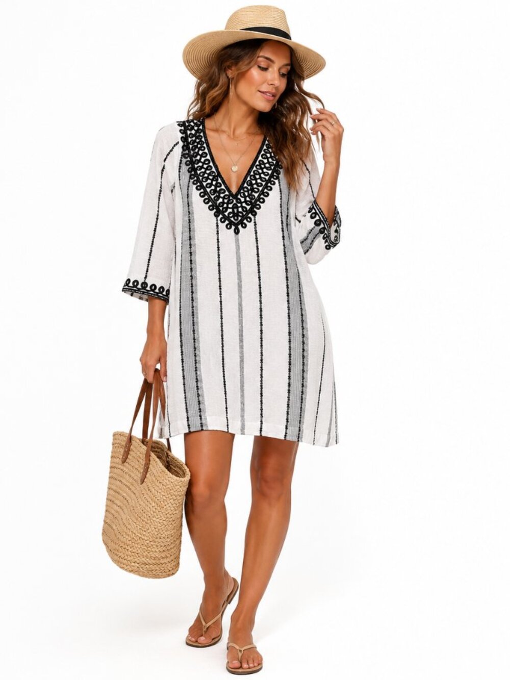 Soft‎ Surroundings Coco De Mer Womens M Cotton Stripe Embroidered Tunic Dress